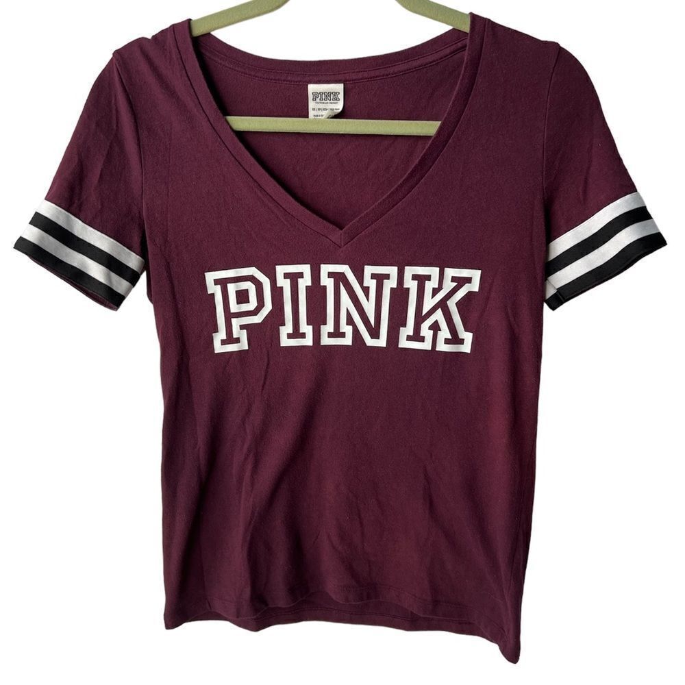PINK by Victoria’s Secret t-shirt. White PINK logo Striped Sleeve Detail size XS